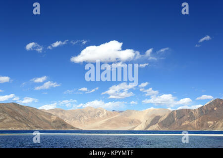 La spiaggia di sabbia bianca e il paesaggio surreale a Pangong Tso Salt Lake, Ladakh, Jammu e Kashmir in India. Foto Stock