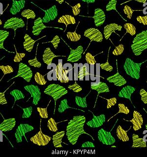 Modello senza cuciture con graffiato ginkgo foglie. In autunno la texture. Colori vibranti. Grunge illustrazione. Sfondo nero. Foglia di contrasto sullo sfondo. Per deco Illustrazione Vettoriale