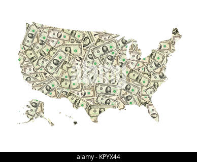 Mappa di Stati Uniti d'America da dollari isolato Foto Stock