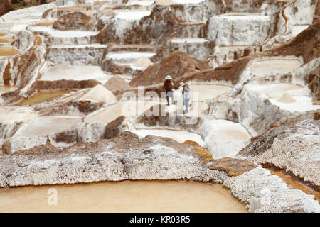 Lavoratori a salina de Maras, il tradizionale inca campo sale in Maras vicino a Cuzco in Valle Sacra in Perù Foto Stock