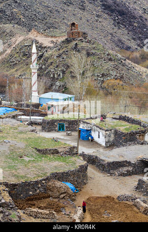 Vista sul villaggio Kilittas sul confine tra Turchia e Armenia. La moschea in Turchia e le rovine di una chiesa in Armenia sono visti. Foto Stock