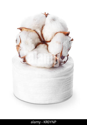 Cotone piazzole di cosmetici e fiore di cotone isolati su sfondo bianco. Percorso di clipping. Igiene dei prodotti monouso Foto Stock