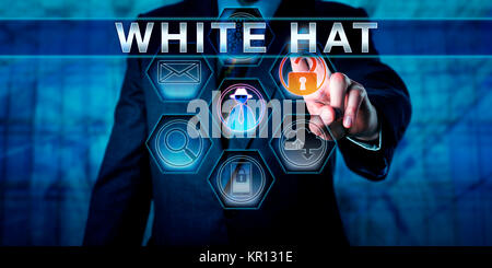 Business Manager spingendo WHITE HAT Foto Stock