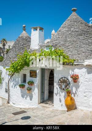 Vista panoramica di Alberobello, il famoso villaggio di Trulli in Puglia, Italia meridionale. Foto Stock