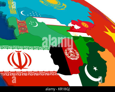 Asia centrale sulla mappa in 3D con le bandiere Foto Stock