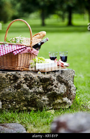 Un picnic steso su una roccia nel verde di un parco di primavera con un cesto di vimini con una bottiglia di vino rosso e baguette al fianco di un vassoio di formaggi, salsicce piccanti e di uve fresche, basso angolo di visione Foto Stock