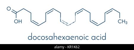 Acido docosaesaenoico (DHA, acido cervonic molecola). Polinsaturo Omega-3 di acidi grassi presenti nell'olio di pesce. Formula di scheletro. Illustrazione Vettoriale