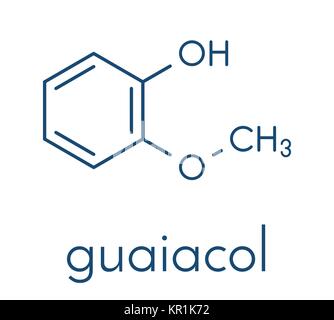 Il guaiacolo molecola aromatica. Responsabile per il gusto affumicato di cibi affumicati. Formula di scheletro. Illustrazione Vettoriale