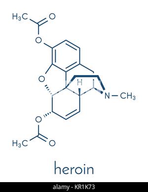 Eroina (diacetylmorphine, morfina, diacetato di diamorfina) oppioide molecola di farmaco. Formula di scheletro. Illustrazione Vettoriale