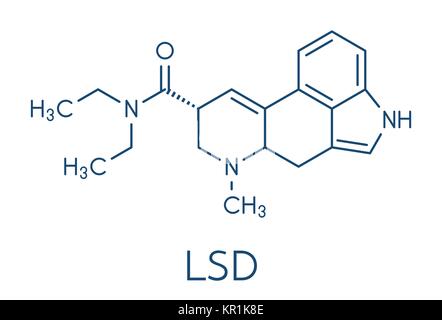 LSD (acido lisergico dietilammide) psichedelico molecola di farmaco. Formula di scheletro. Illustrazione Vettoriale