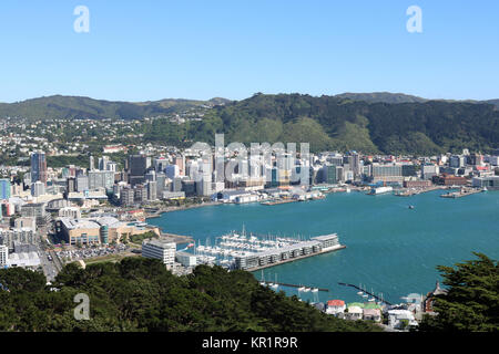 Vista dal Monte Victoria Lookout, Wellington, Isola del nord, Nuova Zelanda guardando verso il basso e verso la zona del porto, il centro città e il lungomare. Foto Stock