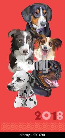 Cartolina verticale con cani di differenti razze (Rottweiler; Border Collie dalmata;,papillon, Entlebucher Il Cane Da Montagna )su sfondo rosso. Anno 2018 Illustrazione Vettoriale