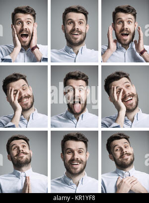Set di giovane uomo' s ritratti con diverse emozioni Foto Stock