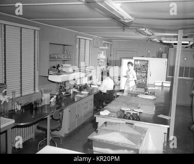 Questa fotografia mostra due tecnici al lavoro in un contesto di laboratorio, 1958. LabScience, Questa fotografia è stata utilizzata per aiutare a rappresentare in modo accurato di un ambiente di laboratorio al fine di sparare un moto-progetto picture. Immagine cortesia CDC. Foto Stock