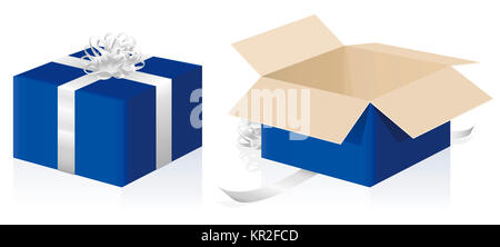 Pacchetto regalo avvolto e confezionato pacchi blu, chiuso e aperto presente astuccio - 3d'illustrazione su sfondo bianco. Foto Stock