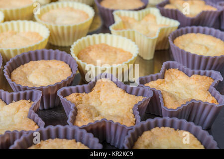 Piccole Tortine da dolce pasticceria di noce di cocco come sfondo. Close-up di pane appena sfornato, biscotti di Natale in decorazioni stampi in silicone. Foto Stock