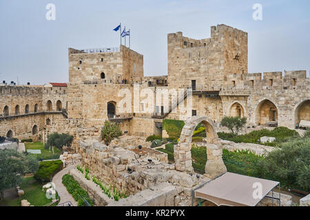 La torre di Davide di Gerusalemme antica cittadella, vicino alla Porta di Jaffa nella Città Vecchia di Gerusalemme, Israele Foto Stock