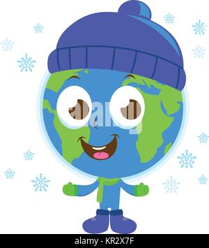 Pianeta Terra personaggio con cappello e sciarpa in inverno. Il pianeta cartoni animati Terra in stagione fredda con il clima ghiacciato. Mondo congelato. Illustrazione vettoriale Illustrazione Vettoriale