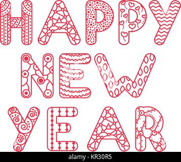 Felice Anno Nuovo cartolina o colorazione antistress in stile doodle Illustrazione Vettoriale