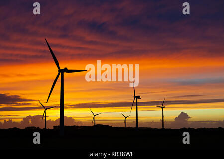 Silhouette di windturbines su un fantastico tramonto Foto Stock