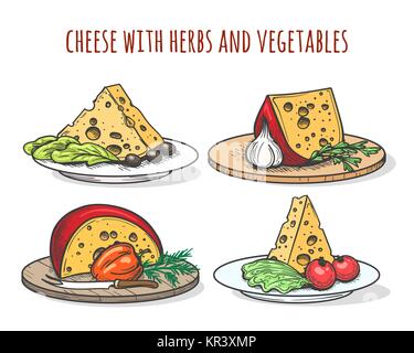 Formaggio con erbe e verdure. Doodle piatti di formaggio con pomodori, olive e insalata illustrazione vettoriale Illustrazione Vettoriale