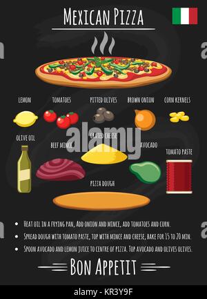 Pizza ricetta messicana. Ingredienti per la pizza ripiena come il formaggio e le olive, il concentrato di pomodoro e carne di manzo sulla scheda di gesso per ristoranti, illustrazione vettoriale Illustrazione Vettoriale