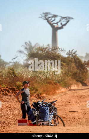 Ciclista e baobab Foto Stock