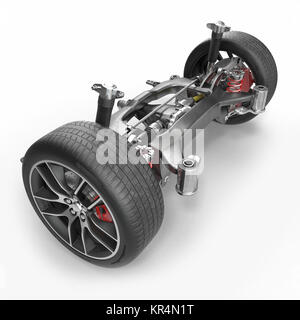 Auto freno a disco con pinza rossa e la sospensione posteriore su bianco. 3D illustrazione Foto Stock