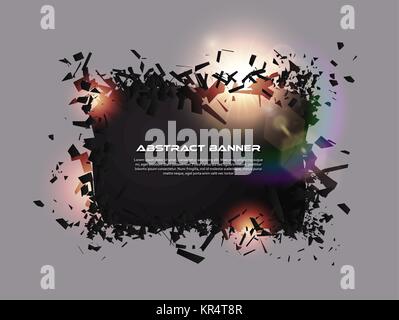 Discorso bolla, esplosione di effetto. Abstract di nero di esplosione pezzi con lens flare. Distruzione di esplosivi. Particelle sul banner scuro dello sfondo. Vettore Illustrazione Vettoriale