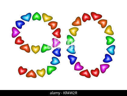 Numero 90 fatta di cuori multicolori Foto Stock