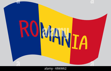 Bandiera rumena che ondeggia con parola Romania Foto Stock