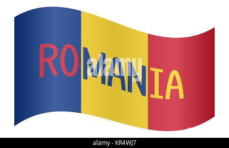 Bandiera rumena che ondeggia con parola Romania su bianco Foto Stock