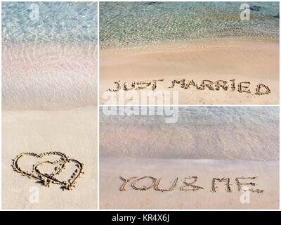 Collage di messaggi di nozze Scritta sulla sabbia Foto Stock