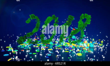 L'animazione è colorato di elementi in forma di fiocchi di neve e le sfere che formano le figure di due mila e diciotto su uno sfondo blu scuro wi Foto Stock