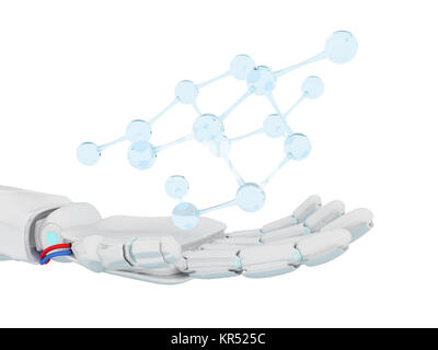 Robot bianco mano molecola presente formula. Foto Stock