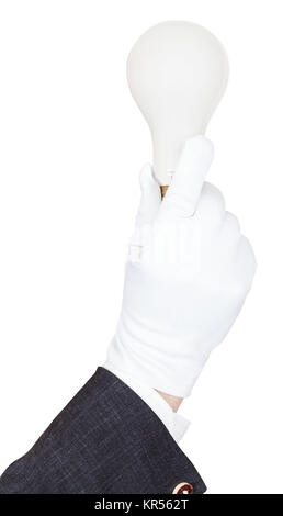 Mano maschio in tuta e guanto trattiene la luce della lampadina Foto Stock