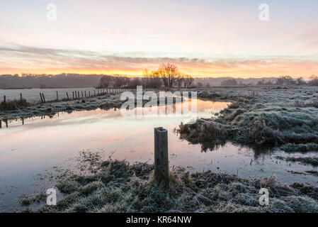 Avon Valley, New Forest, Hampshire, Regno Unito, 19th dicembre 2017, Tempo: Il gelo duro e i cieli limpidi conducono ad una mattinata fredda, luminosa e croccante attraverso la campagna e il paesaggio agricolo nel sud dell'Inghilterra. Foto Stock