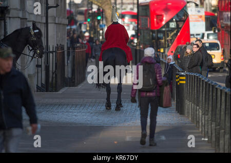 Whitehall, Londra, Regno Unito. Il 19 dicembre 2017. Una vita di protezione sulla mattina sentinella a Horse Guards ingresso porta il suo cavallo a razze torna alla garitta dopo che questa si sposta sul marciapiedi a Whitehall nella parte anteriore dei pedoni. Credito: Malcolm Park/Alamy Live News. Foto Stock