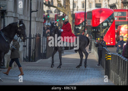 Whitehall, Londra, Regno Unito. Il 19 dicembre 2017. Una vita di protezione sulla mattina sentinella a Horse Guards ingresso porta il suo cavallo a razze torna alla garitta dopo che questa si sposta sul marciapiedi a Whitehall nella parte anteriore dei pedoni. Credito: Malcolm Park/Alamy Live News. Foto Stock