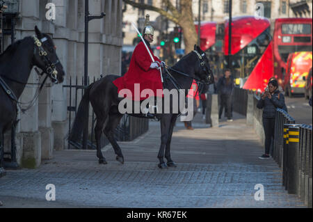 Whitehall, Londra, Regno Unito. Il 19 dicembre 2017. Una vita di protezione sulla mattina sentinella a Horse Guards ingresso porta il suo cavallo a razze torna alla garitta dopo che questa si sposta sul marciapiedi a Whitehall nella parte anteriore dei pedoni. Credito: Malcolm Park/Alamy Live News. Foto Stock