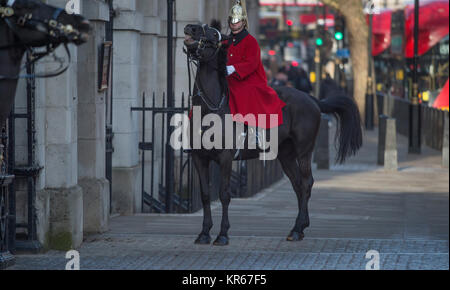 Whitehall, Londra, Regno Unito. Il 19 dicembre 2017. Una vita di protezione sulla mattina sentinella a Horse Guards ingresso porta il suo cavallo a razze torna alla garitta dopo che questa si sposta sul marciapiedi a Whitehall nella parte anteriore dei pedoni. Credito: Malcolm Park/Alamy Live News. Foto Stock