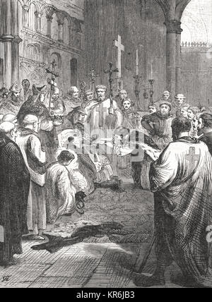 Il re Giovanni, rende omaggio al legato del Papa Innocenzo III, 1213 Foto Stock