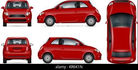 Auto rossa vettore mock-up per pubblicità, corporate identity. Isolato Mini modello auto su bianco. Branding del veicolo mockup. Vista da cinque lati. Illustrazione Vettoriale