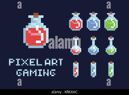 Insieme di pixel art potion bottiglie, rosso verde e blu, salute gioco di mana oggetto di design Illustrazione Vettoriale