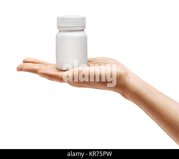 Mano d'uomo tenendo la bottiglia medica con le pillole isolati su sfondo bianco. Palm, vicino. Alta risoluzione prodotto Foto Stock