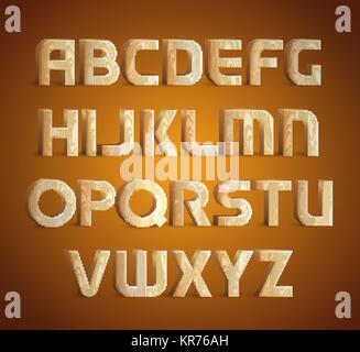 Isolato in legno geometrico font texture. 3d di materiale di legno tipo alfabeto dei simboli. Illustrazioni vettoriali. Illustrazione Vettoriale
