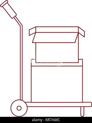 Carrello a mano con scatole di cartone impilate e uno aperto in rosso scuro contorno Illustrazione Vettoriale