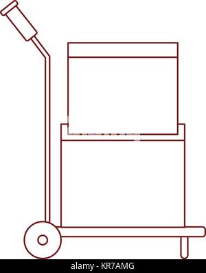 Carrello a mano con scatole di cartone sovrapposti e sigillati in rosso scuro contorno Illustrazione Vettoriale