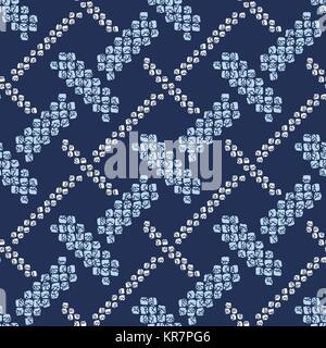 Shibori ornamento. Motivo di tessitura. Asian seamless pattern. Dark indigo sfondo. Giapponese classica tecnica di tintura. Per la carta da parati, sfondo della pagina web. Illustrazione Vettoriale