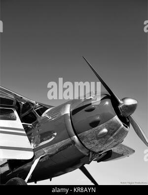 'Skyward'... Come un annuncio da anni cinquanta, le superfici levigate di un classico Cessna 195 splendono nel sole del pomeriggio Foto Stock